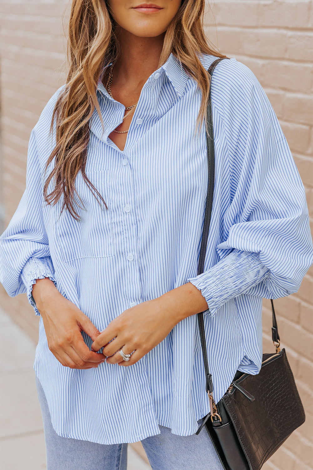 Striped Lantern Sleeve Collared Shirt