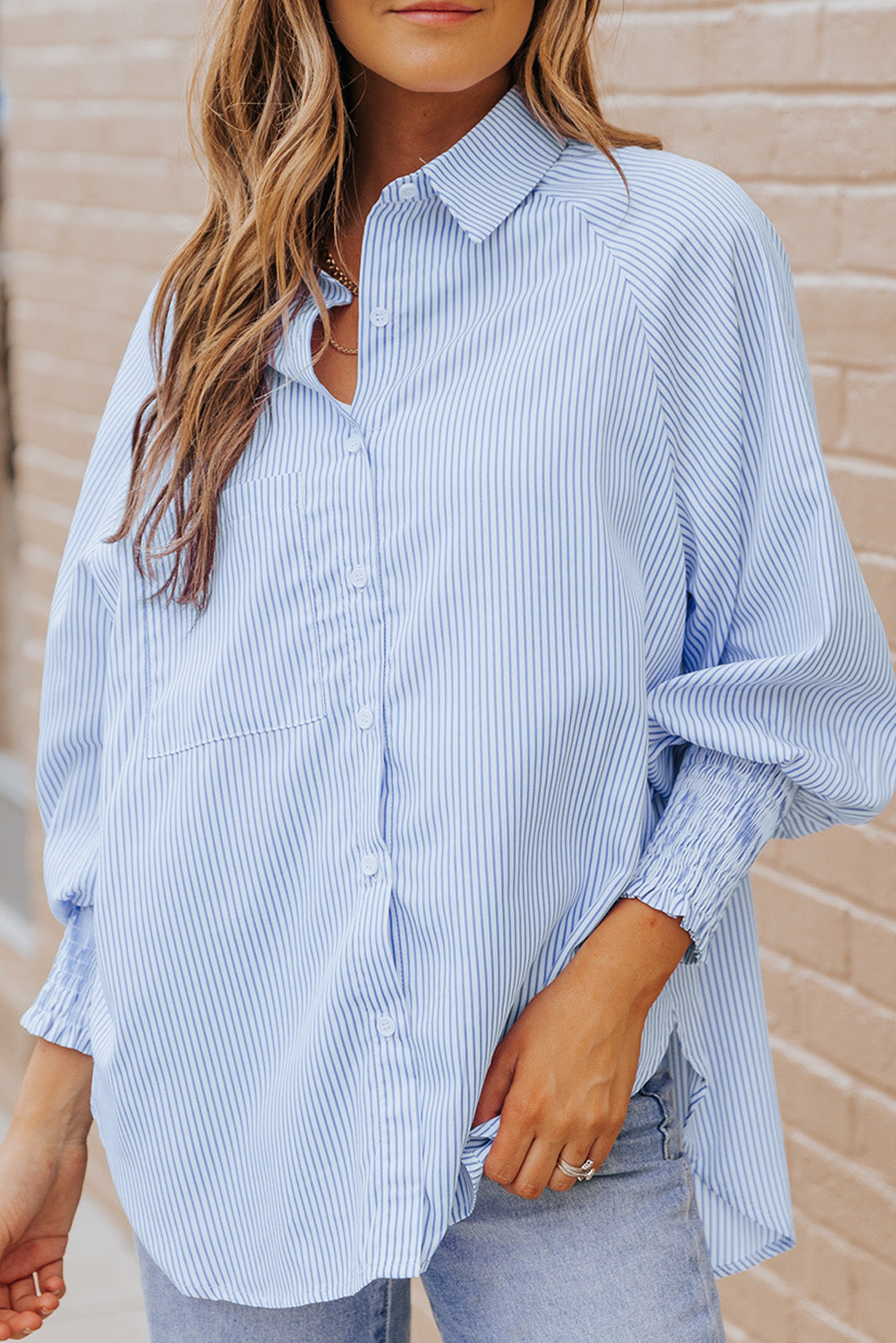 Striped Lantern Sleeve Collared Shirt