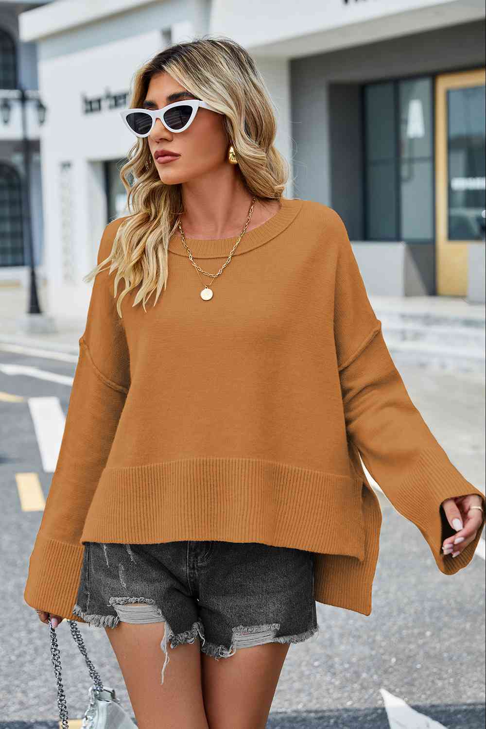 Round Neck Dropped Shoulder Slit Sweater