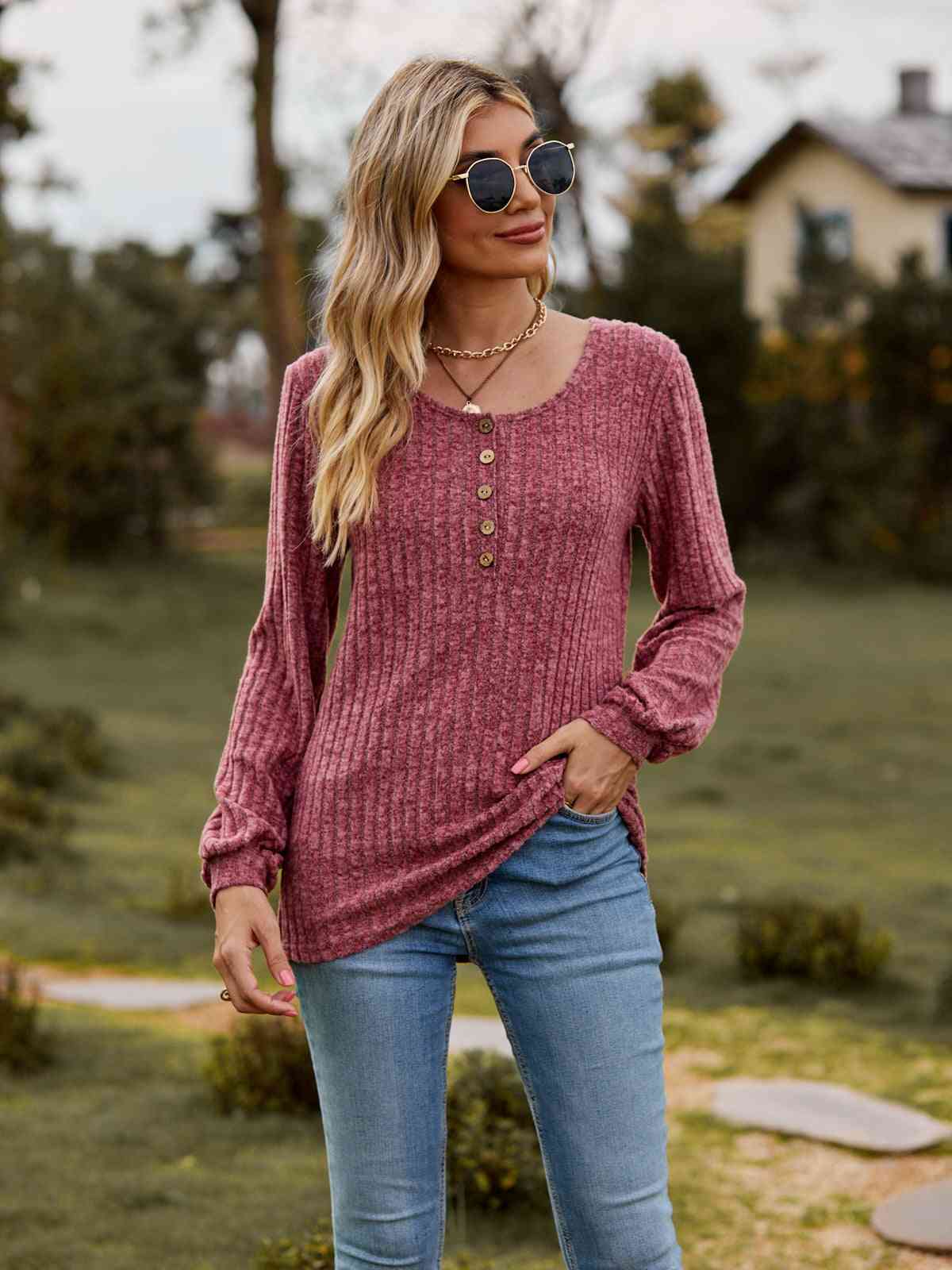 Round Neck Button-Down Long Sleeve Tee