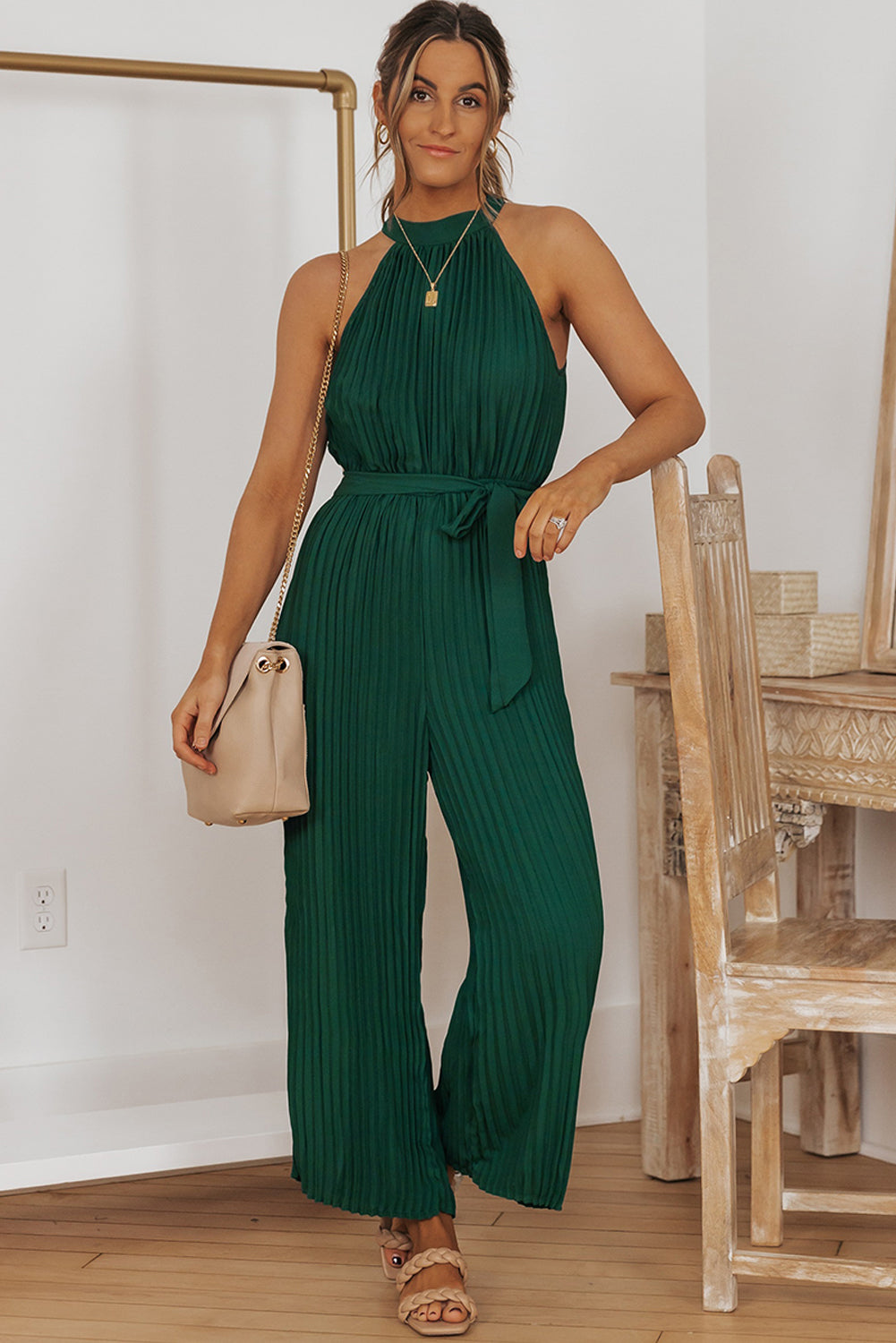 Accordion Pleated Belted Grecian Neck Sleeveless Jumpsuit