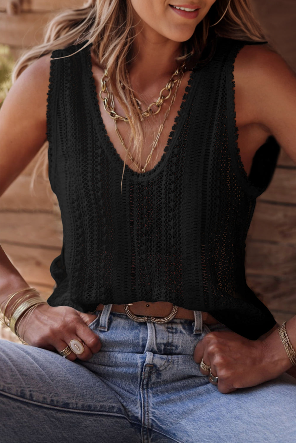 Crochet Deep V Openwork Tank