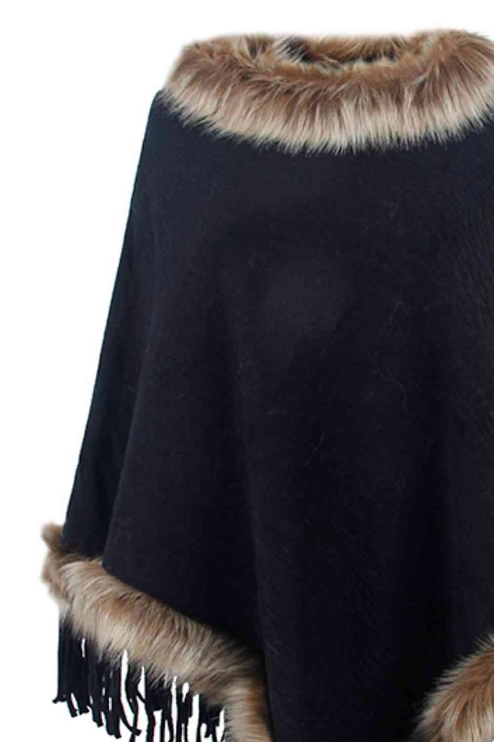 Faux Fur Trim Fringed Poncho