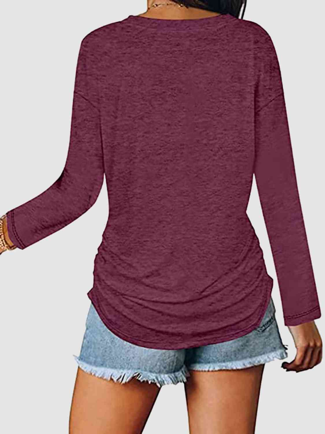 Ruched V-Neck Long Sleeve T-Shirt